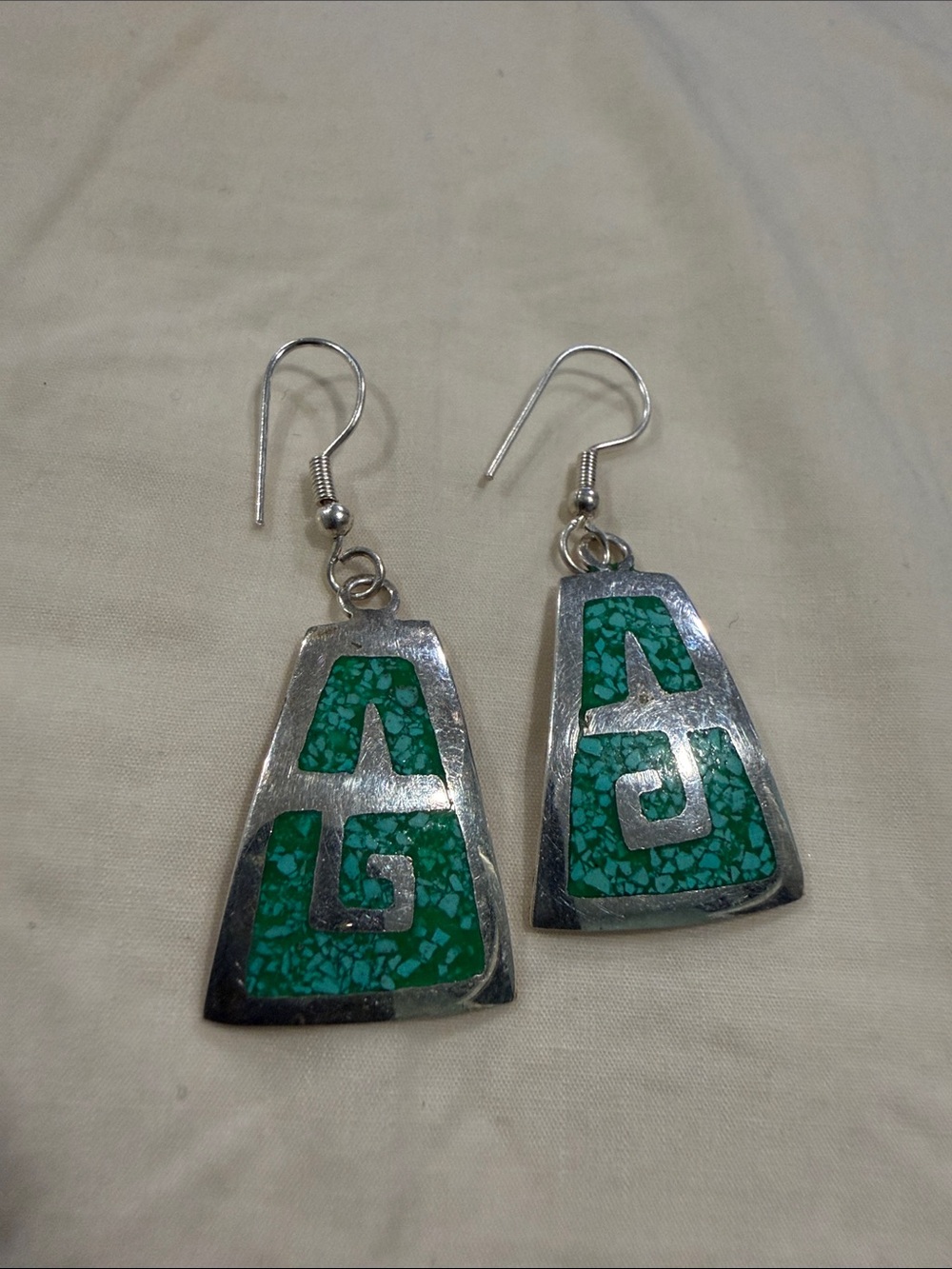 Silver-Tone Green Inlay Geometric Drop Earrings